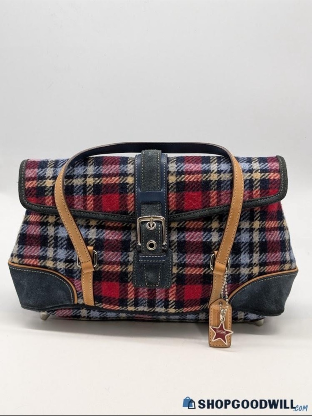 Coach Plaid Satchel with Red, Navy & Tan Accents